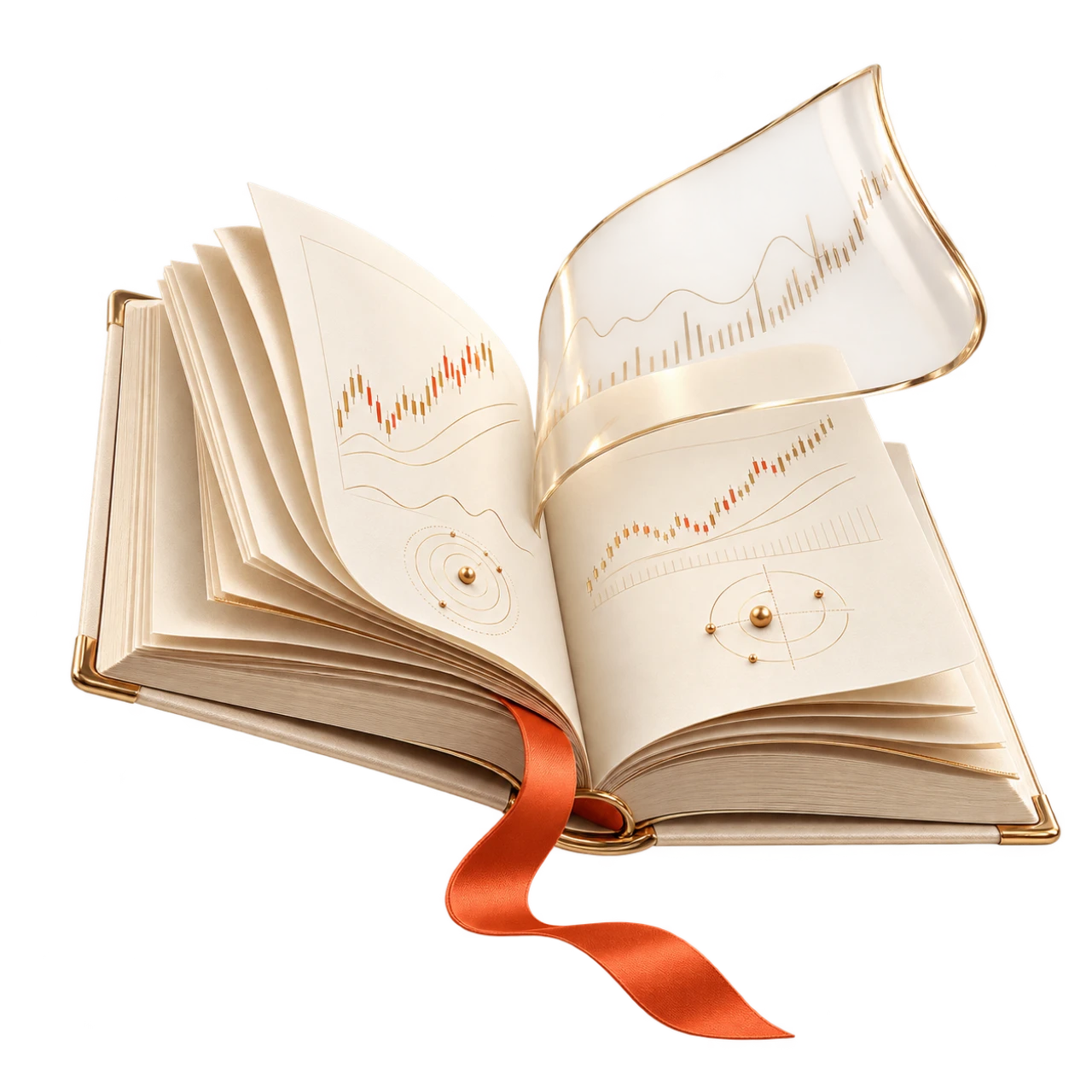 An open field guide with market diagrams and an orange ribbon bookmark