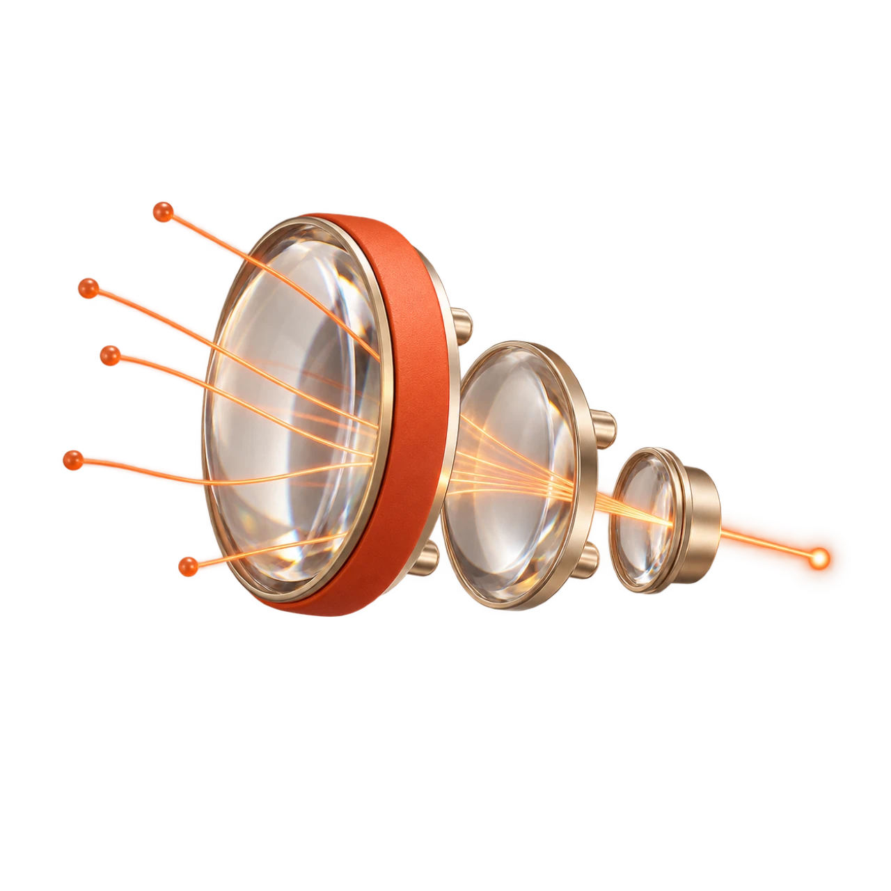 Three optical lenses bringing separate orange signals into one clear focus