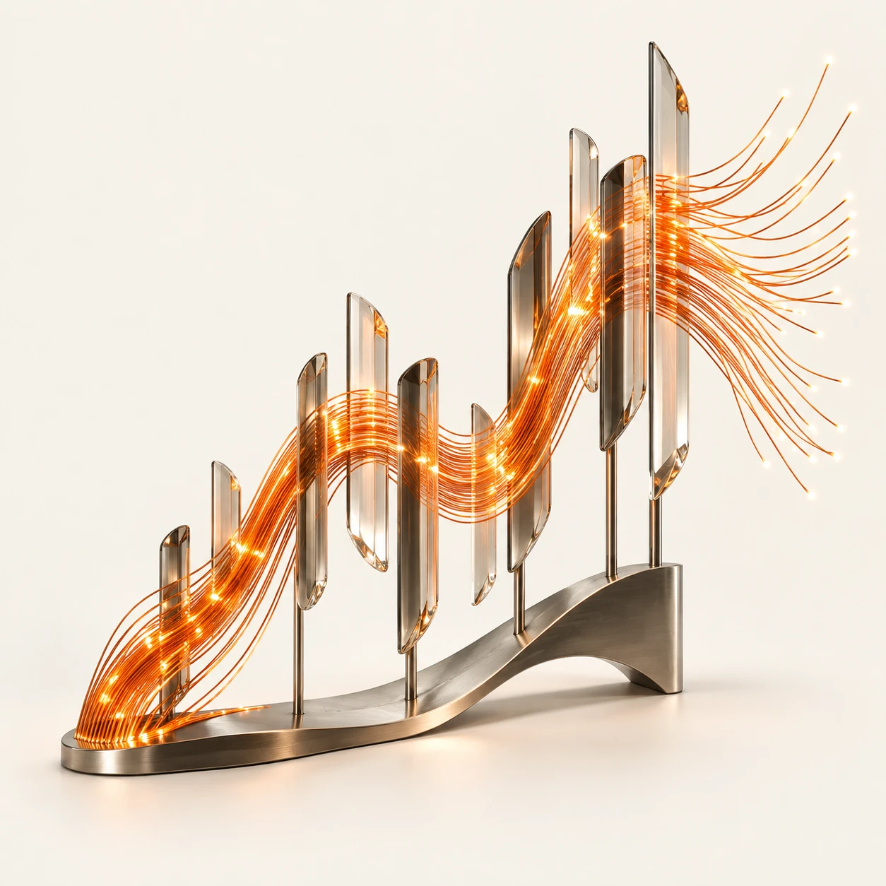 Orange signal filaments flowing through sculpted glass market candles