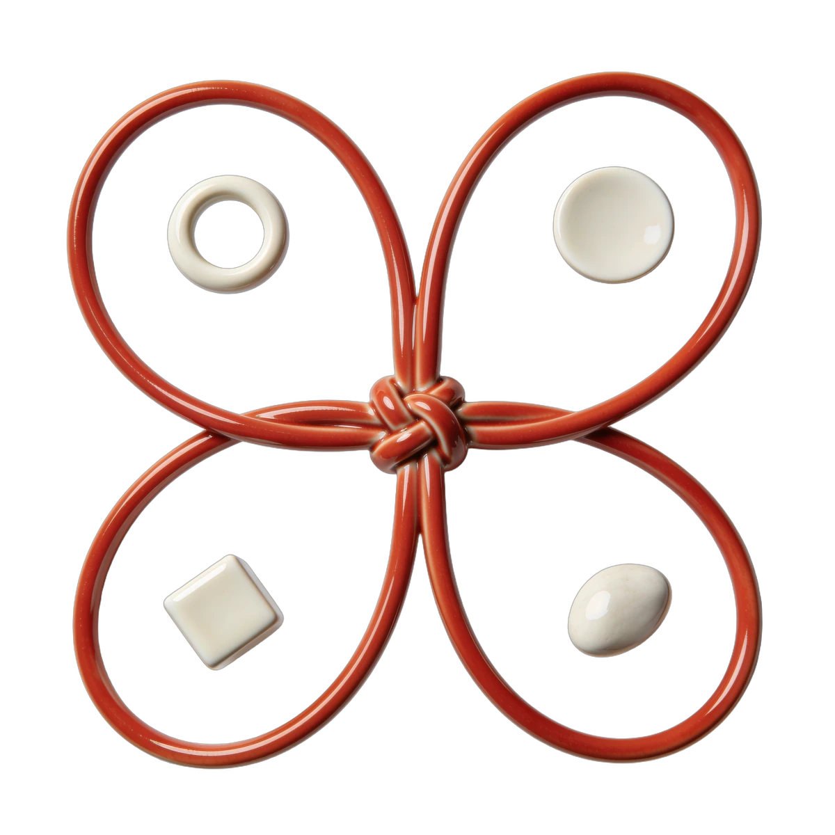 One vermilion thread laced through four floating porcelain forms and knotted at the centre